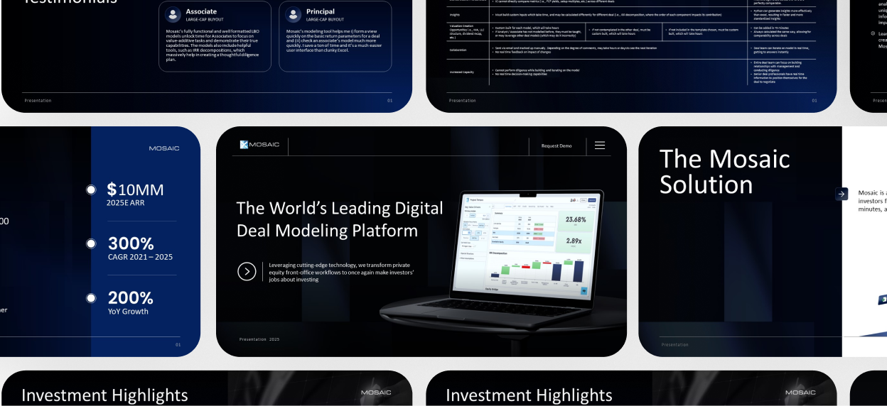 Seed and Series A SaaS investor deck slides covering problem, traction, market and the funding ask