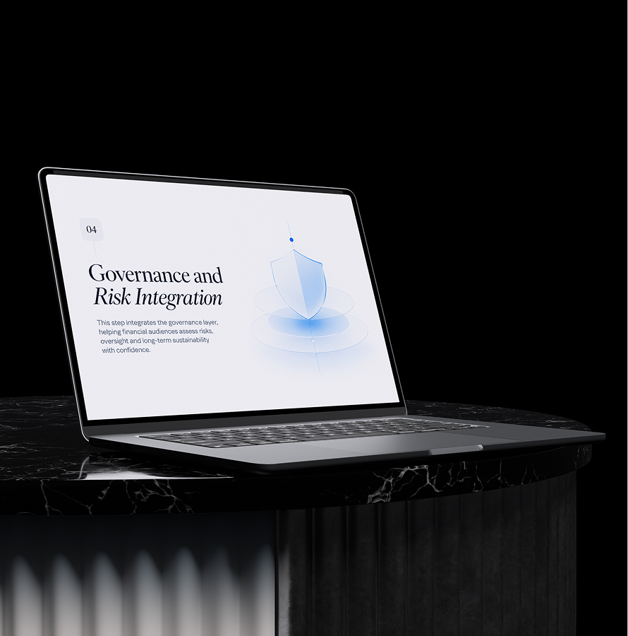 Laptop on a dark stand showing a Governance and Risk Integration slide in the fintech deck process