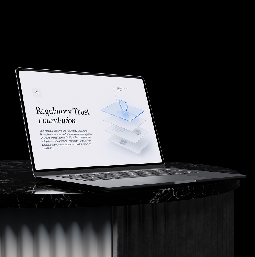 Laptop on a dark stand showing a Regulatory Trust Foundation slide in the fintech deck process