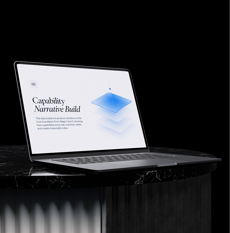 Laptop on a dark stand showing a Capability Narrative Build slide in the fintech deck process