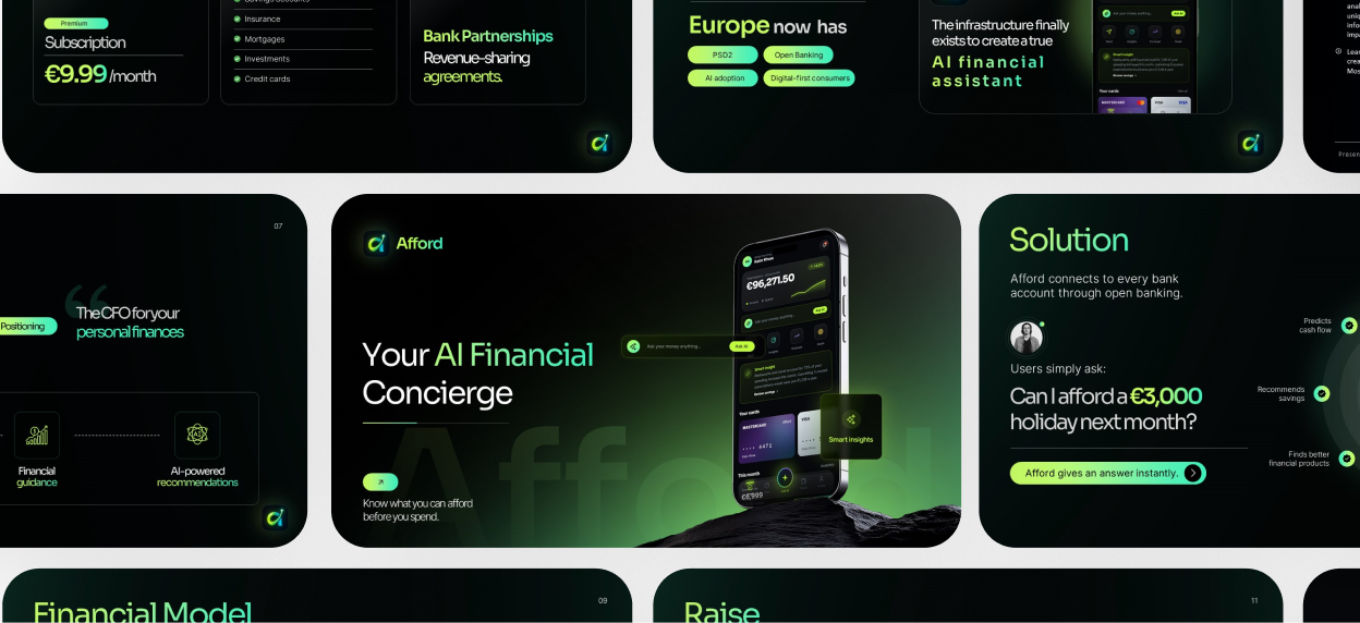 Fintech investor and fundraising deck slides showing market, traction, unit economics and the ask