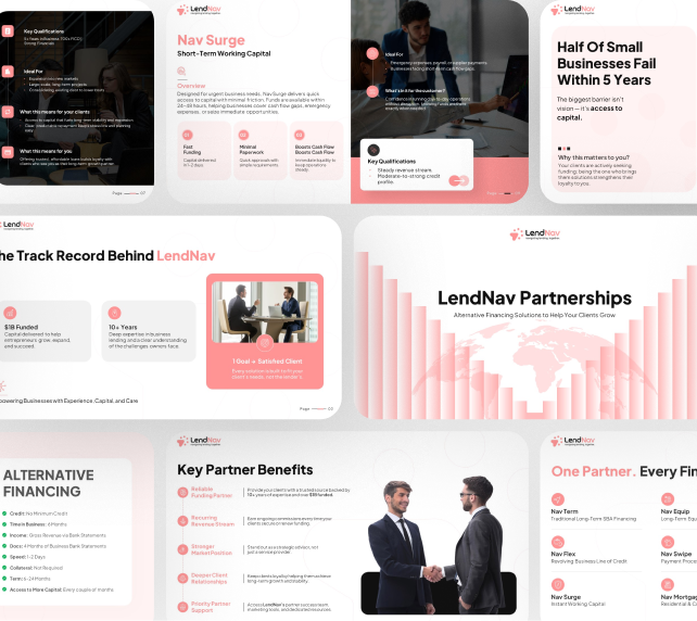 Embedded finance enterprise partnership deck slides covering integration, revenue share and APIs
