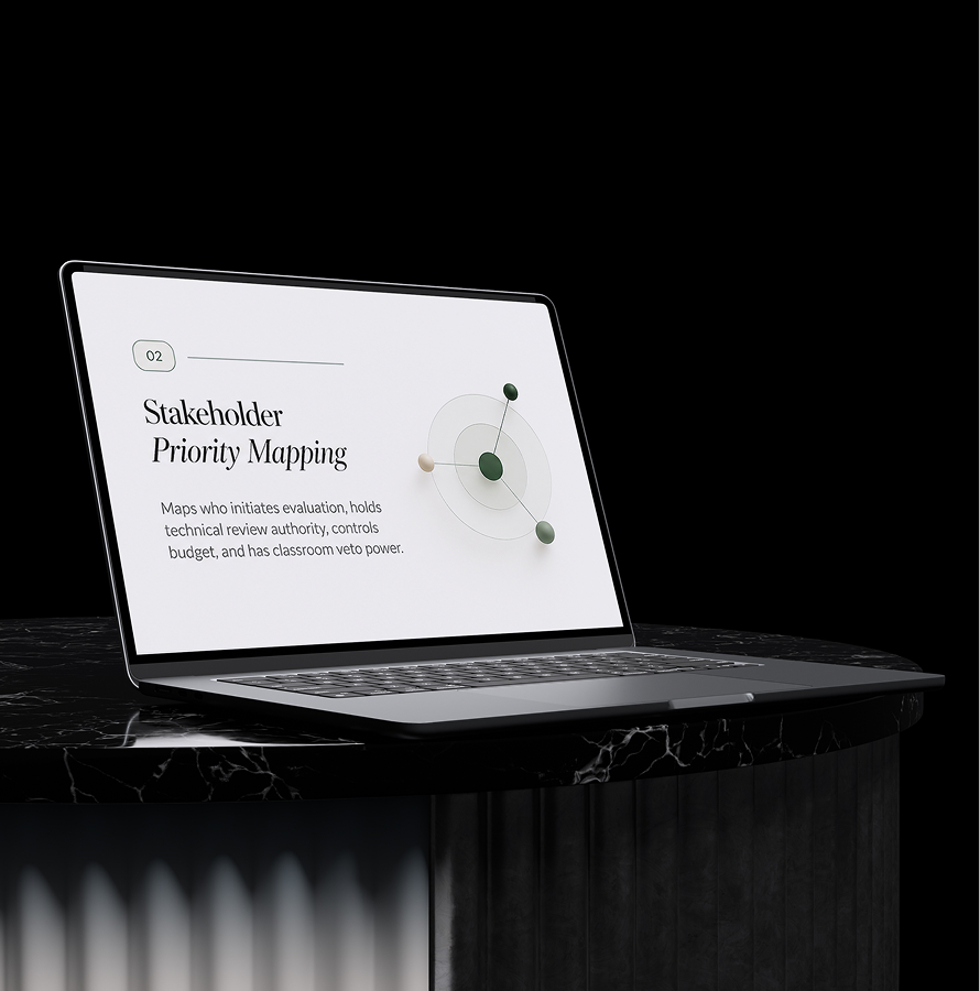 Laptop on a dark stand showing a Stakeholder Priority Mapping slide in the EdTech deck process