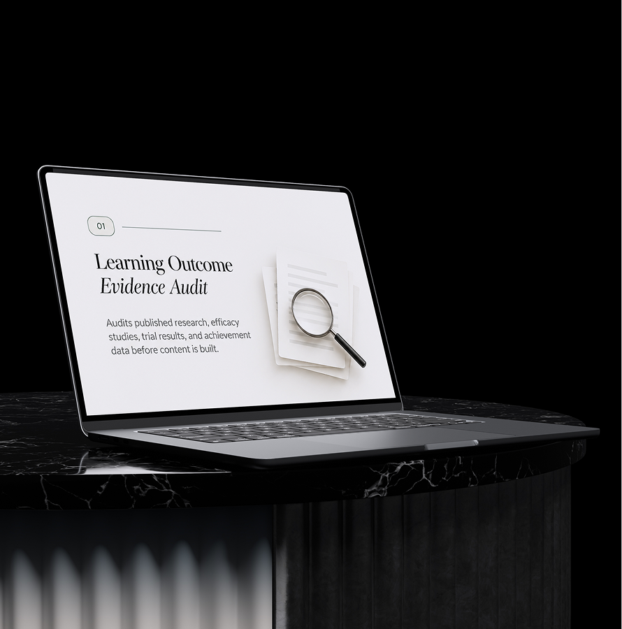 Laptop on a dark stand showing a Learning Outcome Evidence Audit slide in the EdTech deck process
