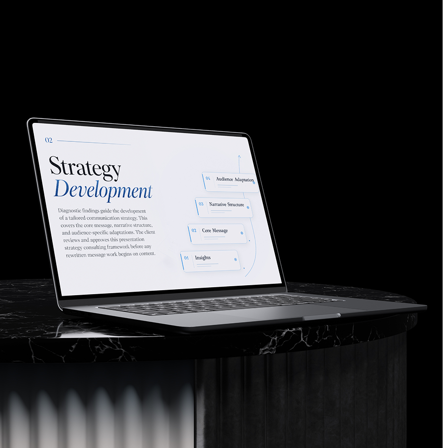Presentation strategy session focused on audience needs, key messages, storytelling, and clear business presen