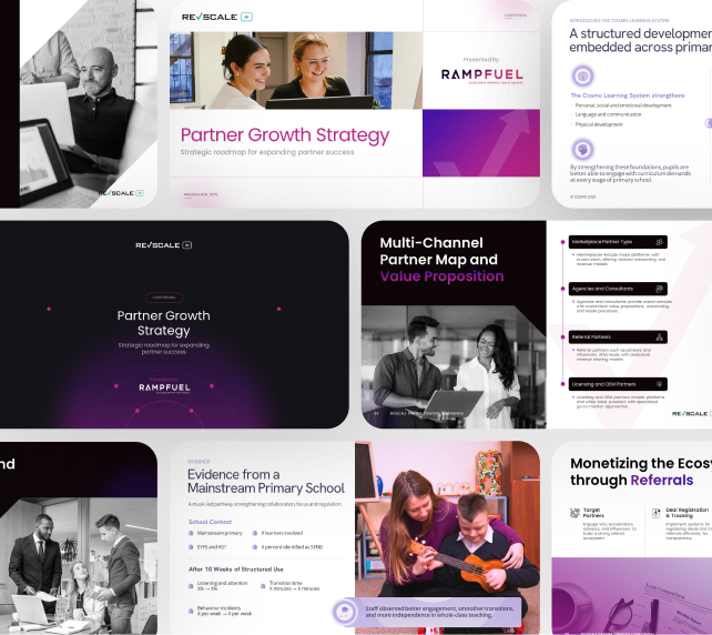 Presentation consulting team collaborating on business slides, messaging, visual design, and audience-focused
