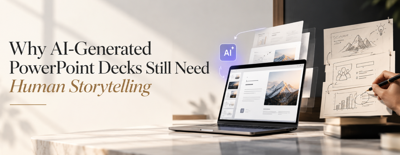 Why AI-generated PowerPoint decks still need human storytelling, combining AI slide design with creative planning and visual communication.
