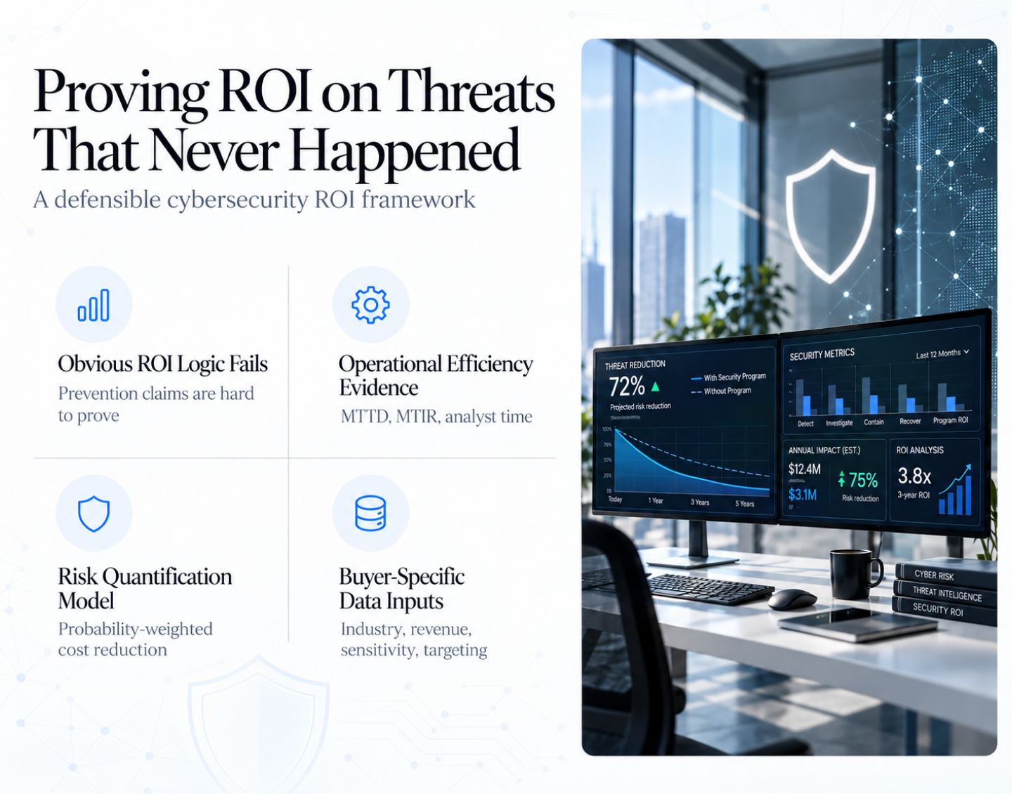 Cybersecurity deck slides proving ROI on threats that never happened by showing risk avoided