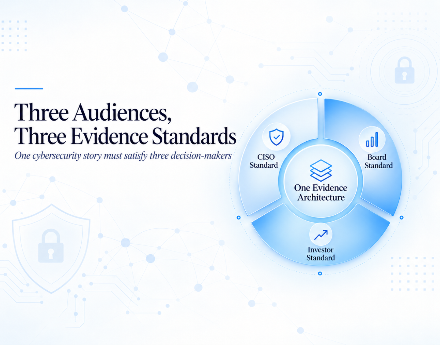 Cybersecurity deck slides built for three audiences, each needing a different standard of evidence