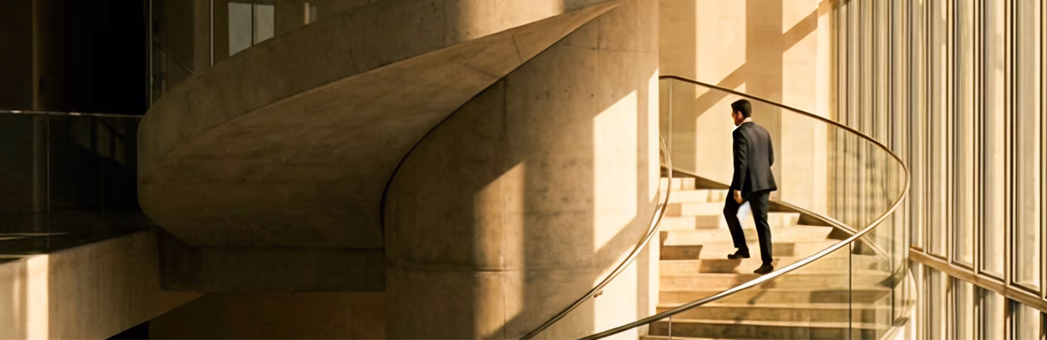 Man in suit walking up curved stairs inside a building with large windows and concrete walls.