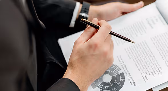Person holding a pen and reviewing documents with charts and text.