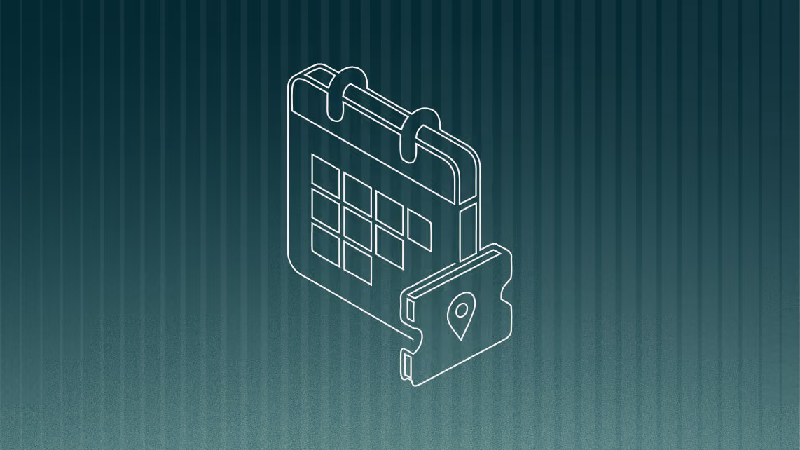 Outline of a calendar icon with a location pin symbol on a dark striped gradient background.