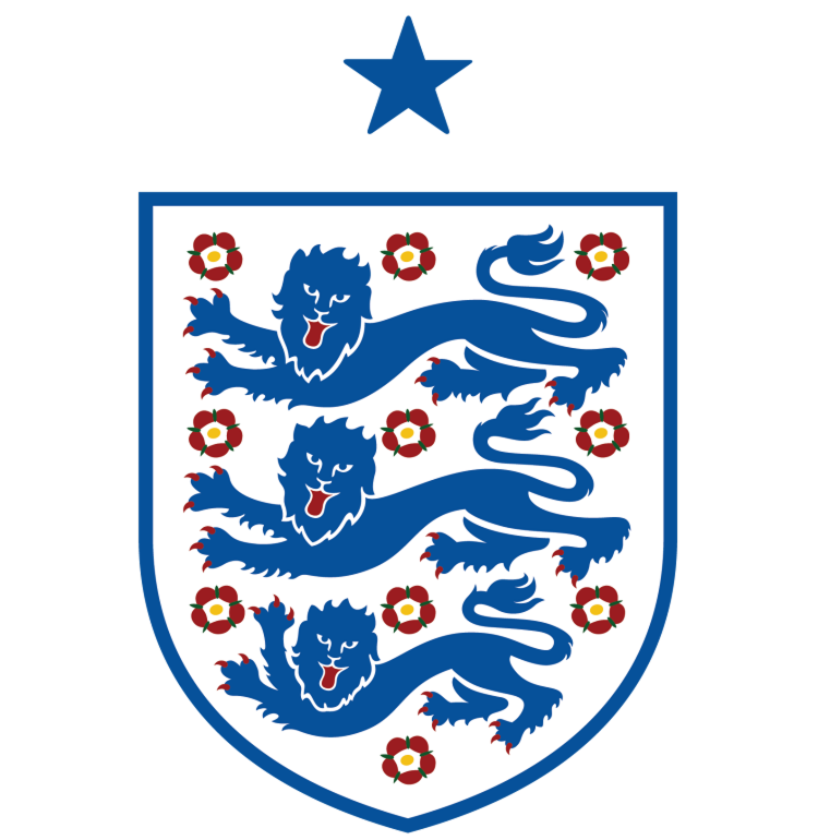 England football crest with three blue lions and red roses under a blue star.