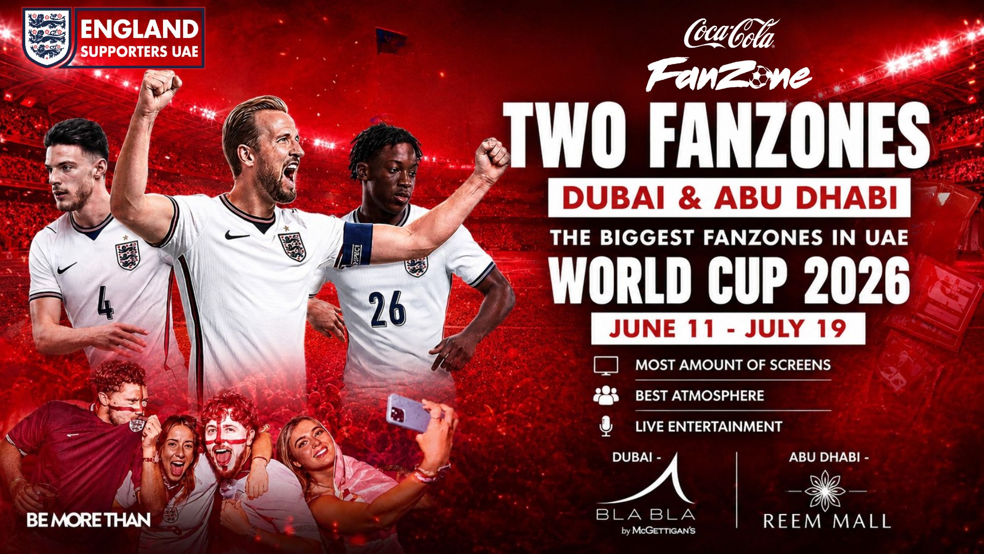 Smiling woman wearing red England bucket hat and white shirt at England in Dubai event booth.