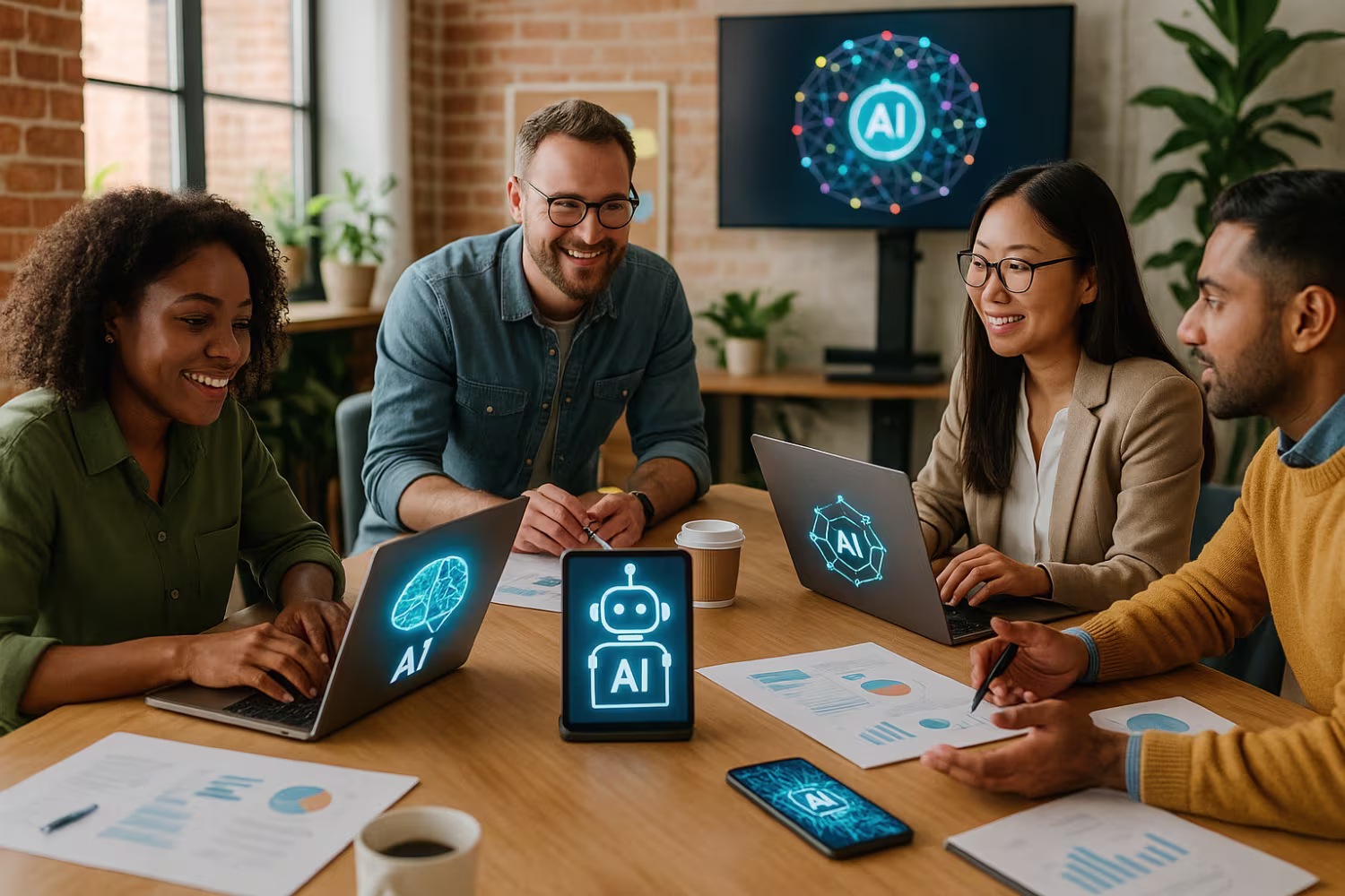Diverse professionals using AI tools in vibrant office