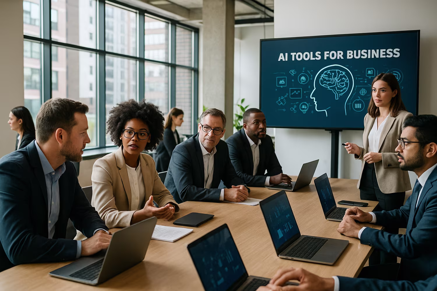 Professionals discussing AI business tools