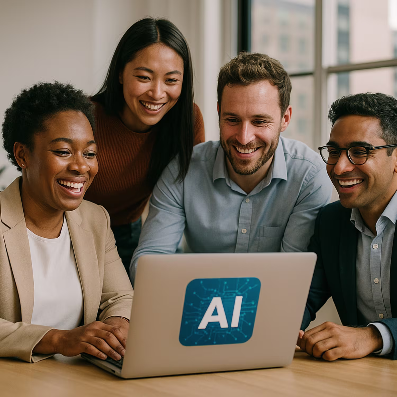 Diverse team discussing AI business tools