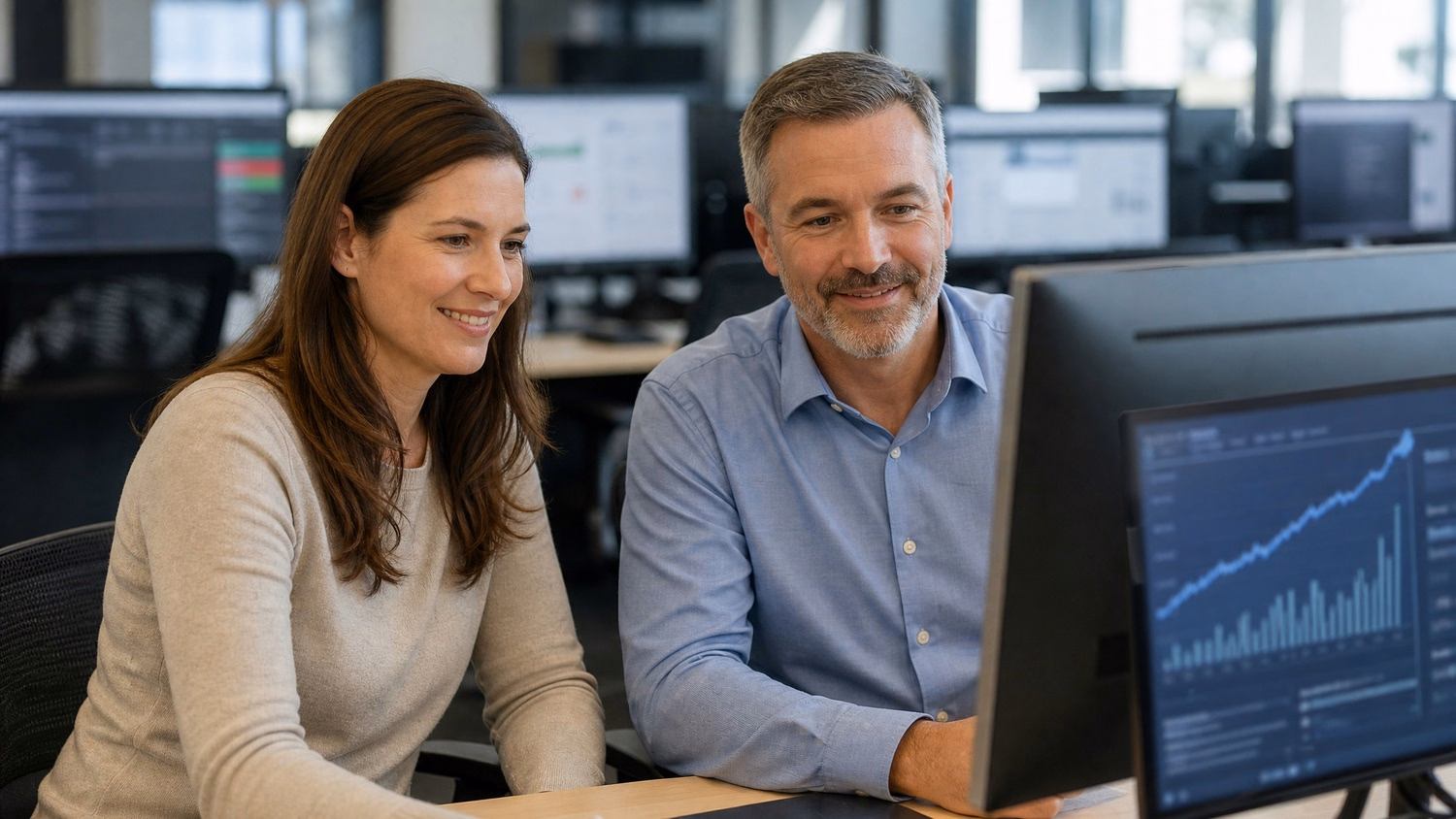 Business growth projections on monitor, woman man watch