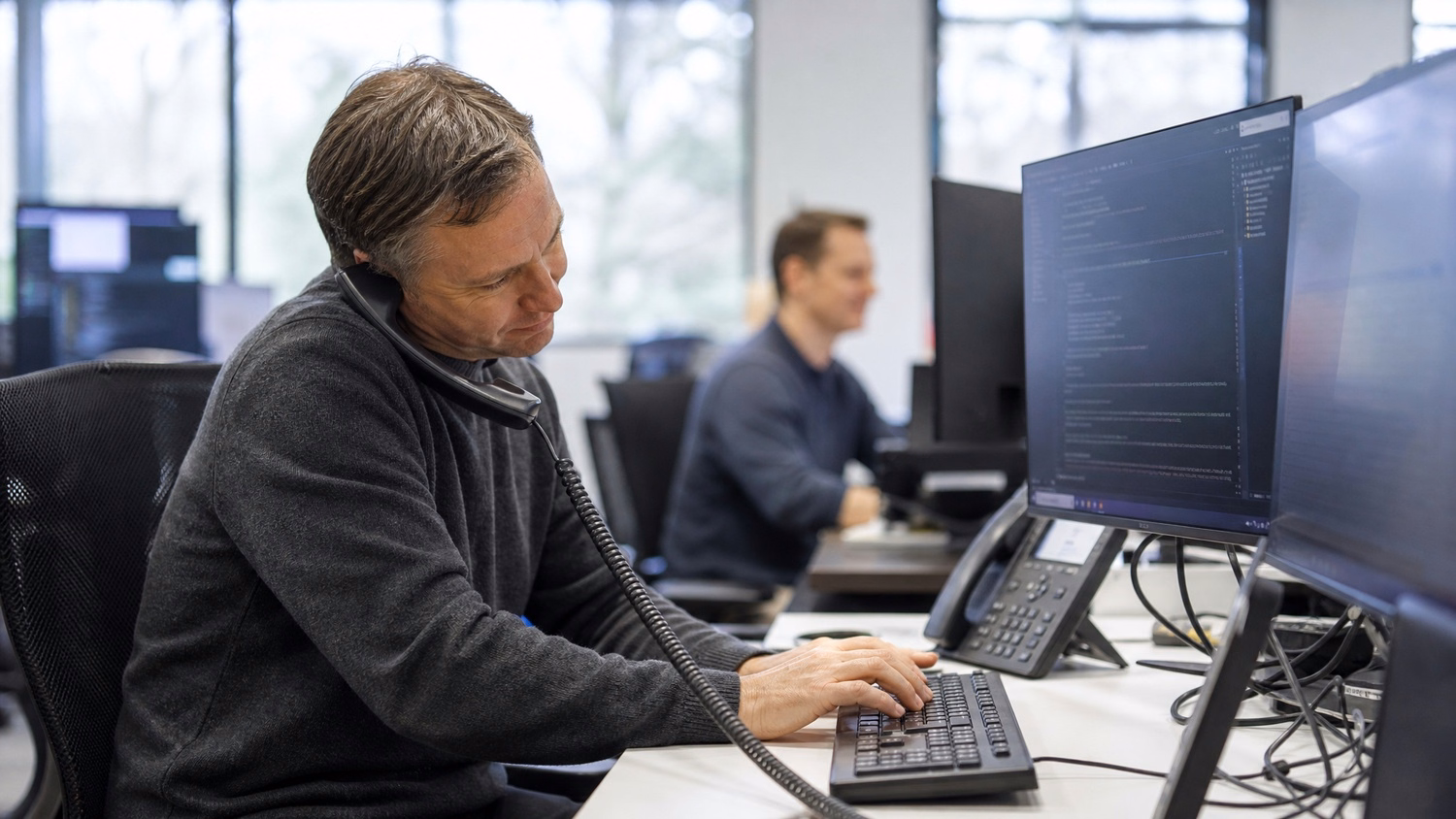 Man on phone types code on computer screen