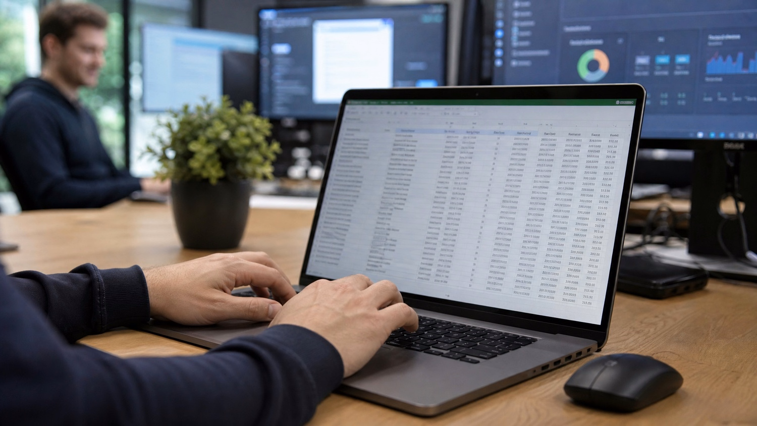 Typing on laptop, asset spreadsheet open on screen