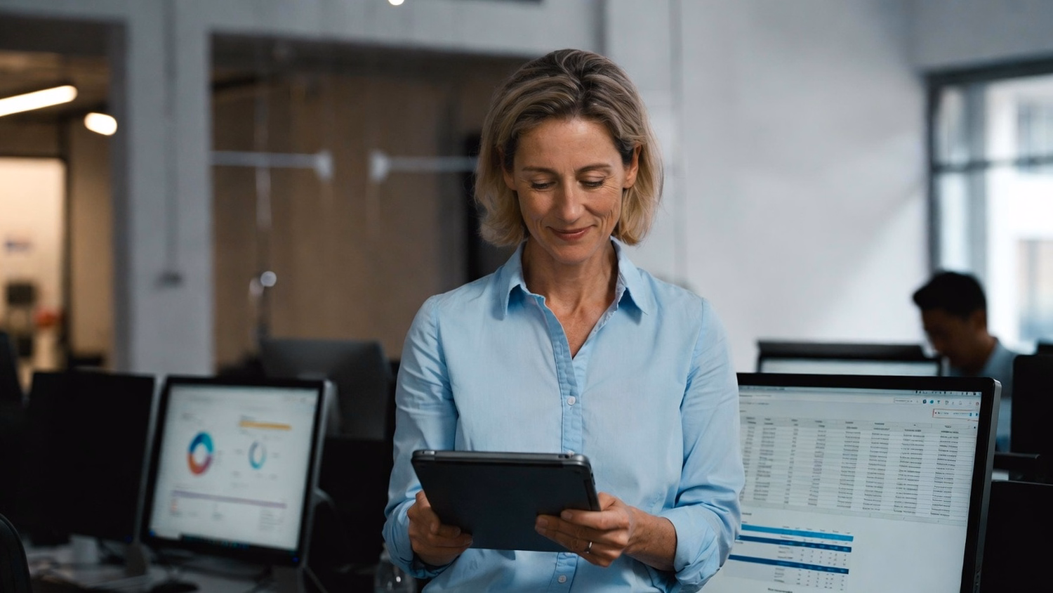 Woman reviews network switch spreadsheet on tablet in lobby 64 chars