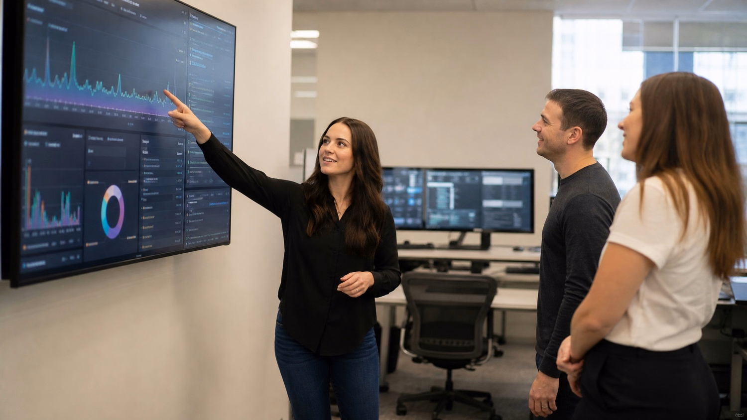 Woman points at network analytics data spike on wall screen