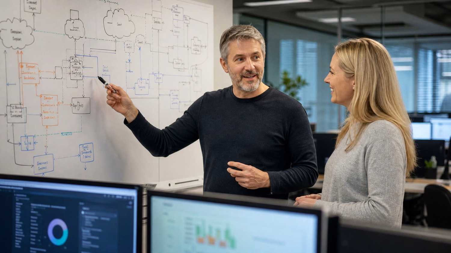 Man explains cloud migration flowchart on whiteboard to colleague