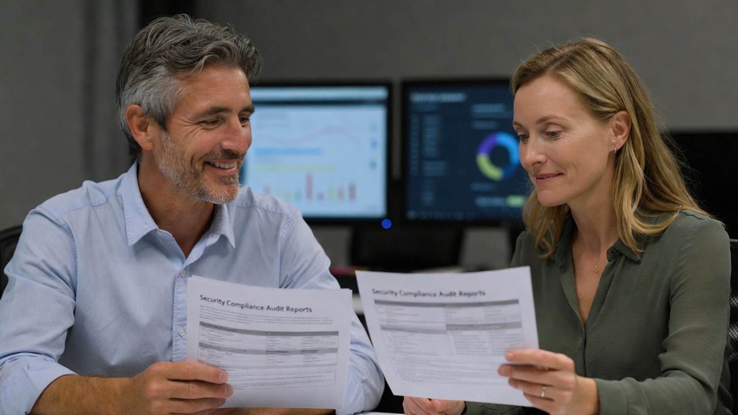 Professionals review security compliance audit reports side-by-side 63