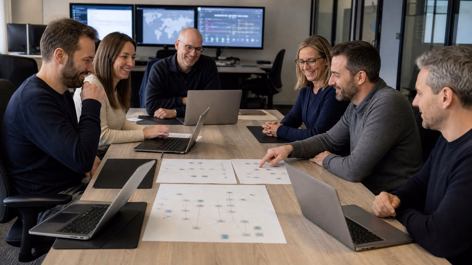 Cybersecurity analysts review network topology at workshop table