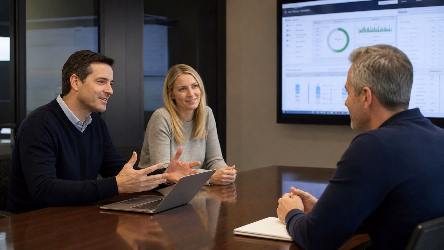 Consultants discuss IT strategy at polished conference table 65 chars