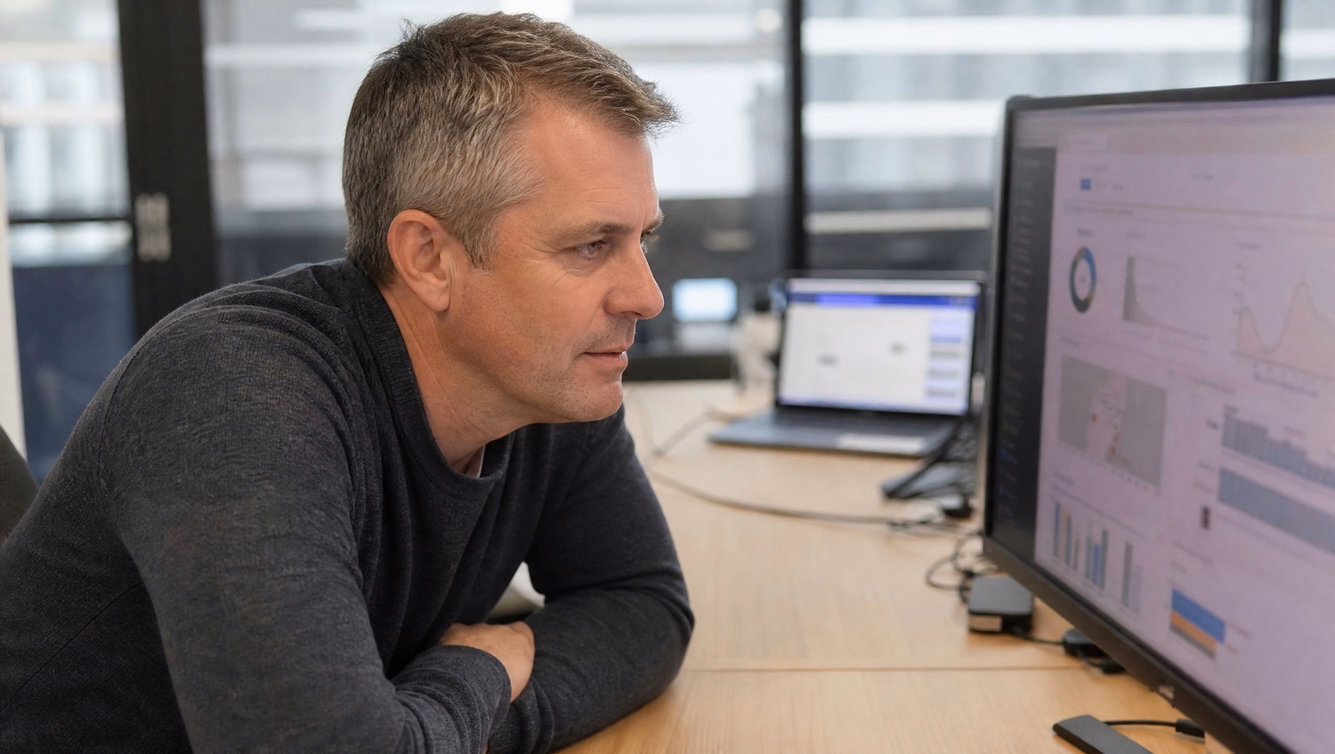 Man in mid-40s intently studies monitor at desk