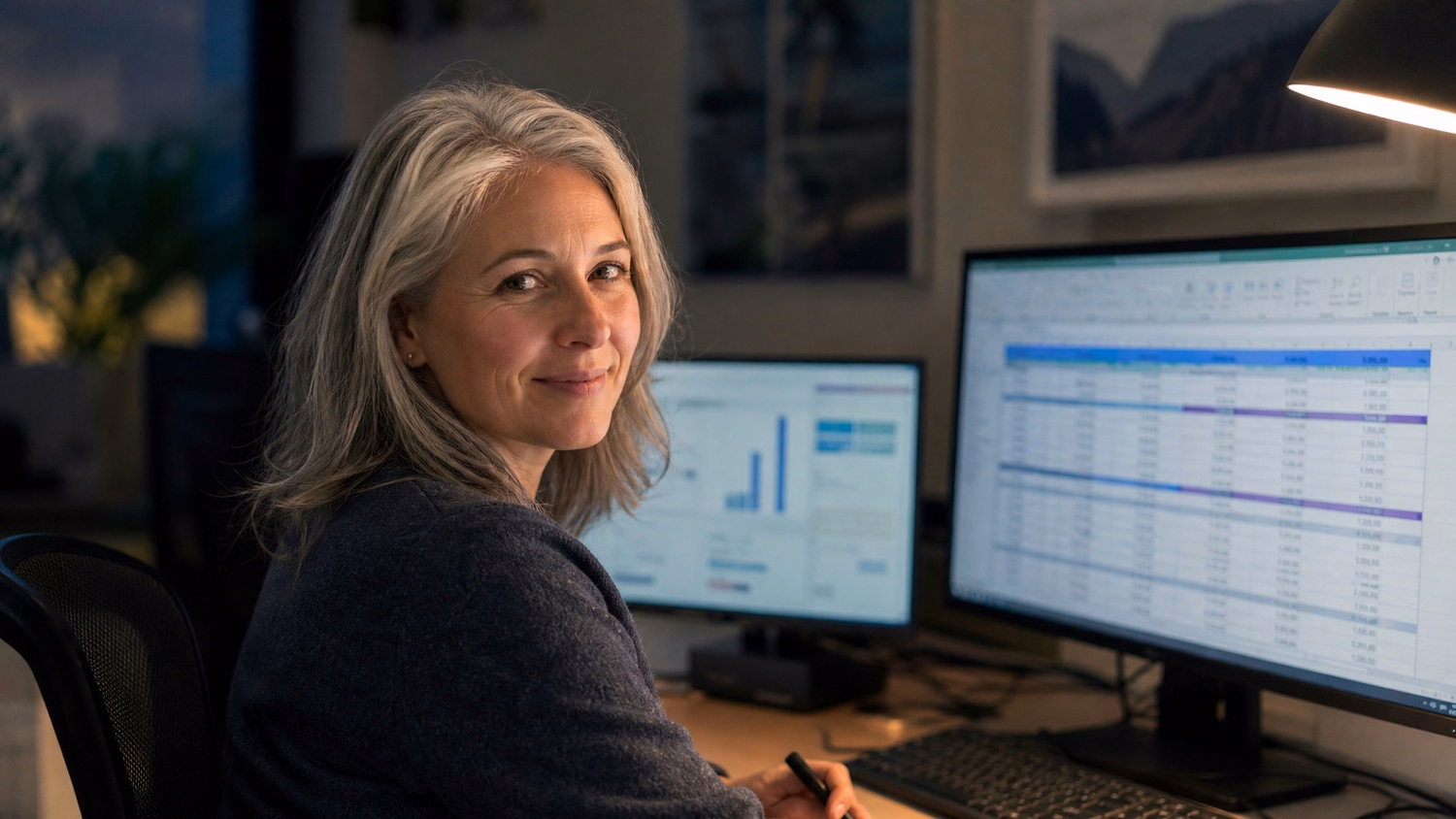 Woman reviews tiered IT support costs at lamp-lit desk