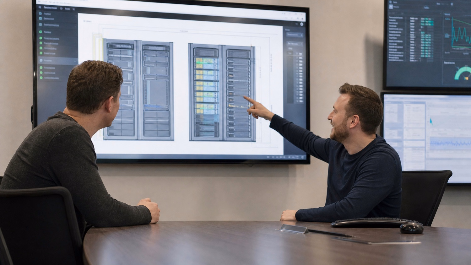Men pointing at server rack diagram on screen, IT support 70 chars