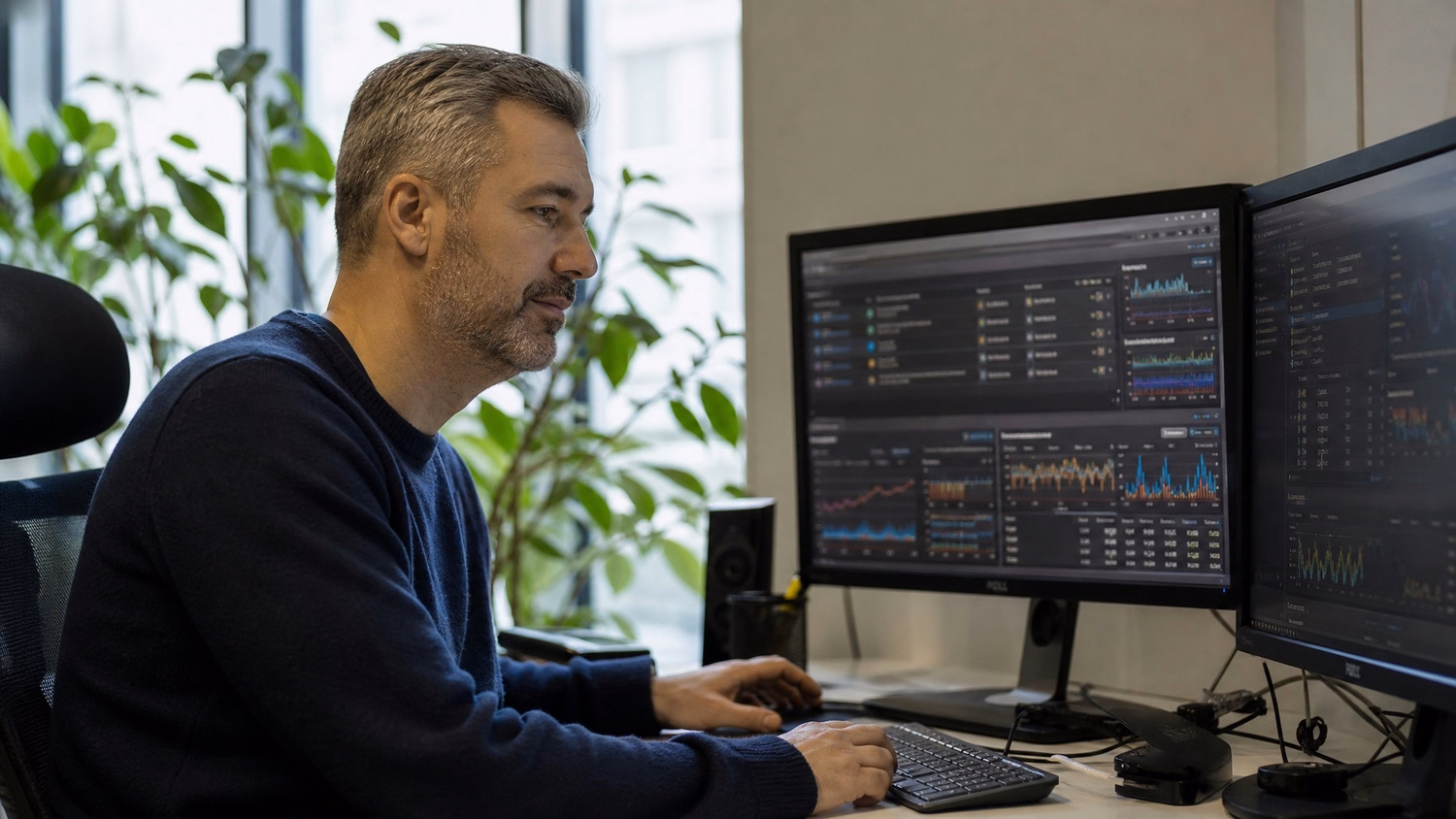 IT technician troubleshooting network dashboard near plants