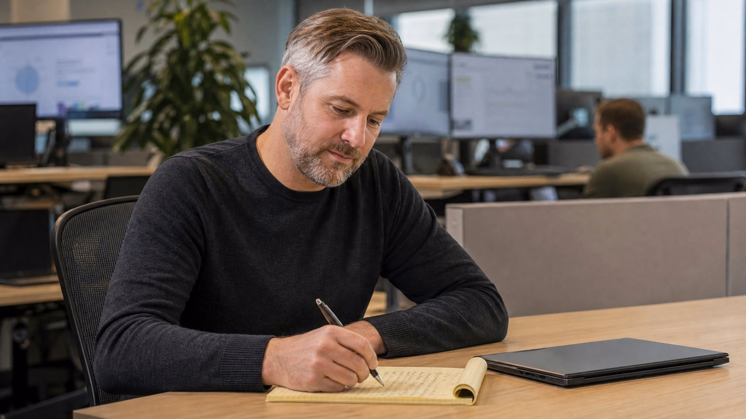 Man taking notes on legal pad, considering Copilot strategy