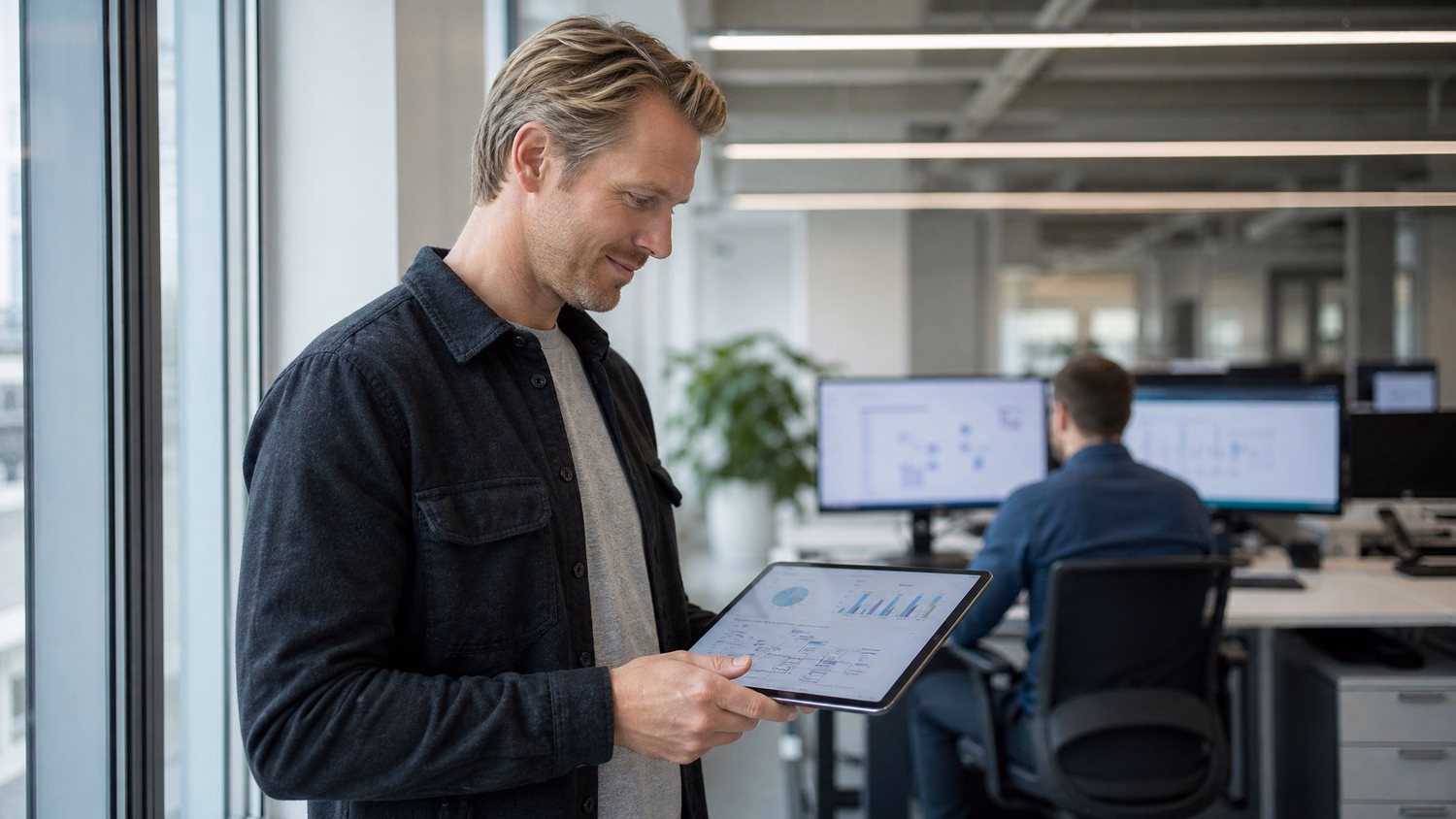 Man reviews AI workflow stats on tablet by window