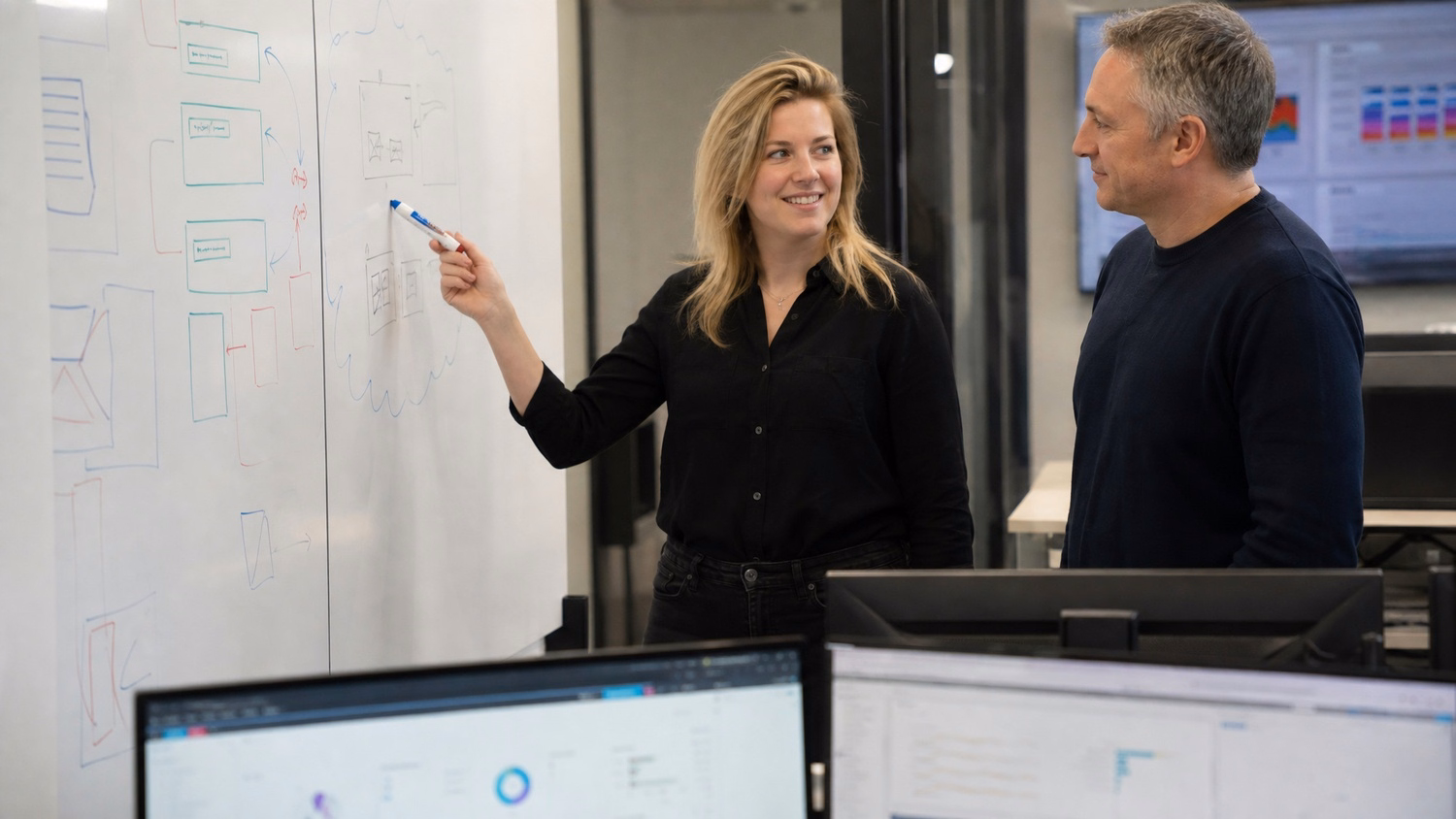 VCIO pointing at whiteboard diagram, colleague observing 62 chars