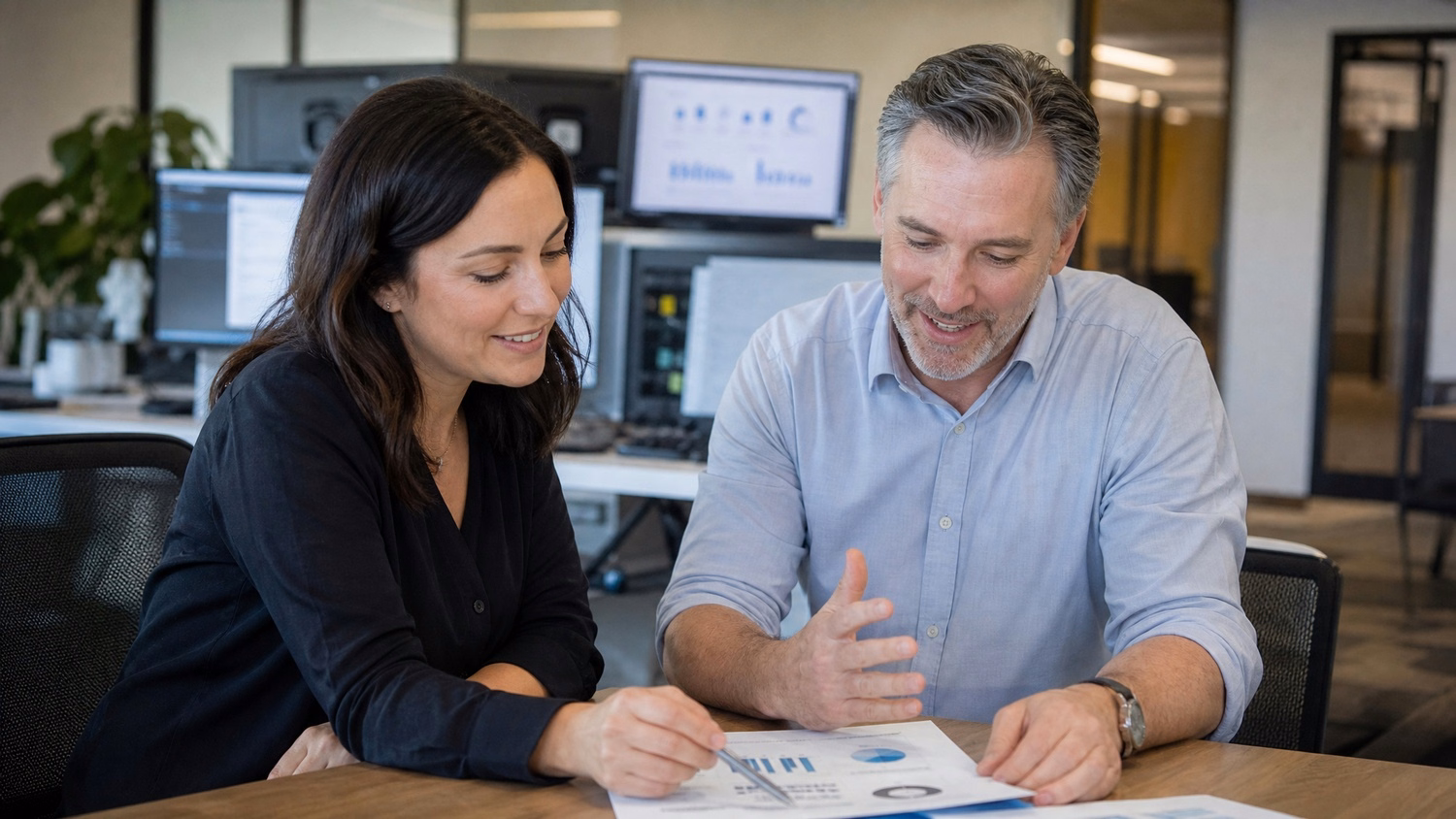 VCIOs review financial reports at conference table