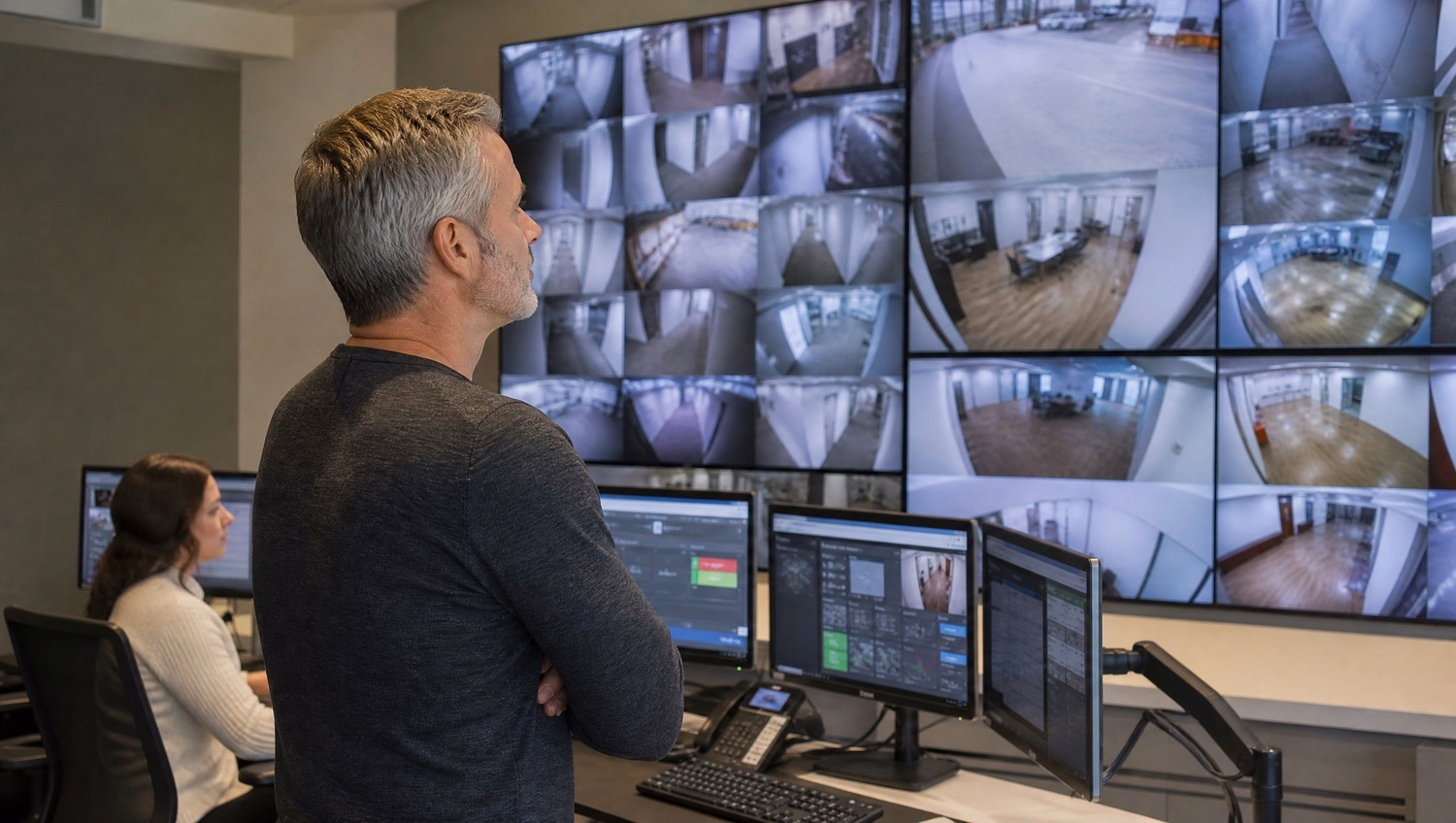 Man reviews live CCTV feeds on wall display 55