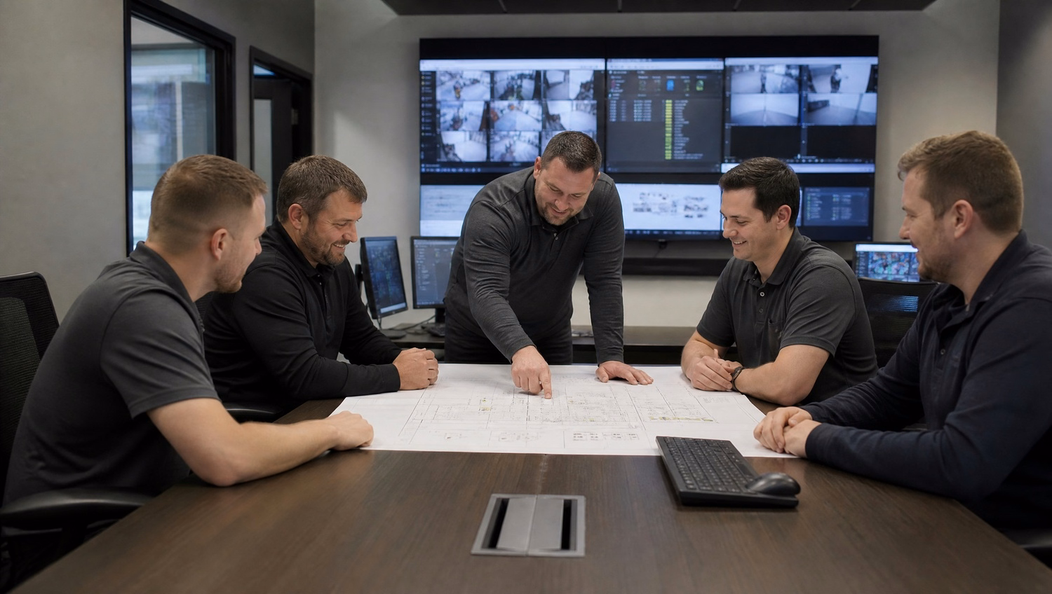 Security team analyzing complex system schematic at boardroom table