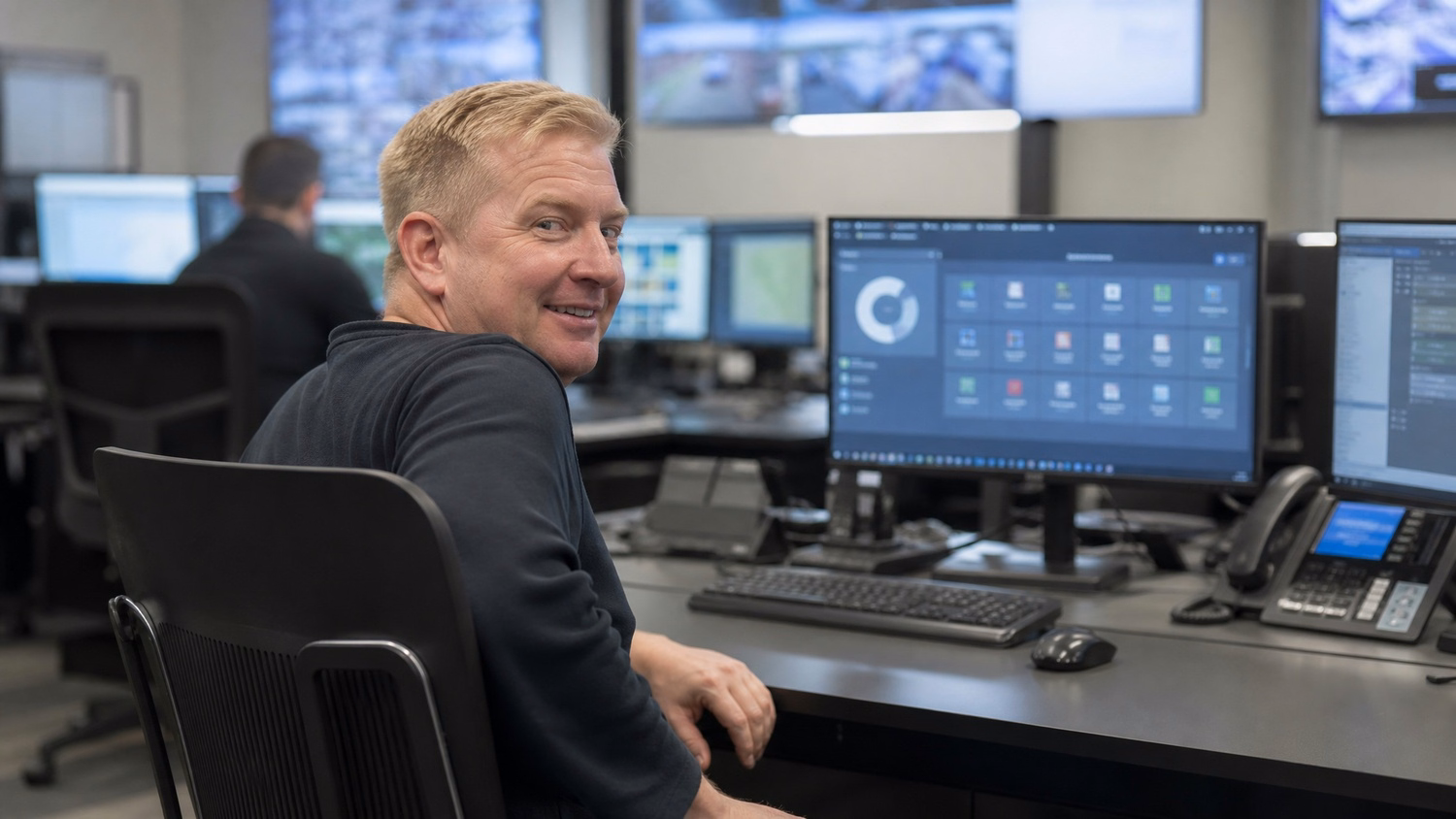 Man turning in chair to view security dashboard