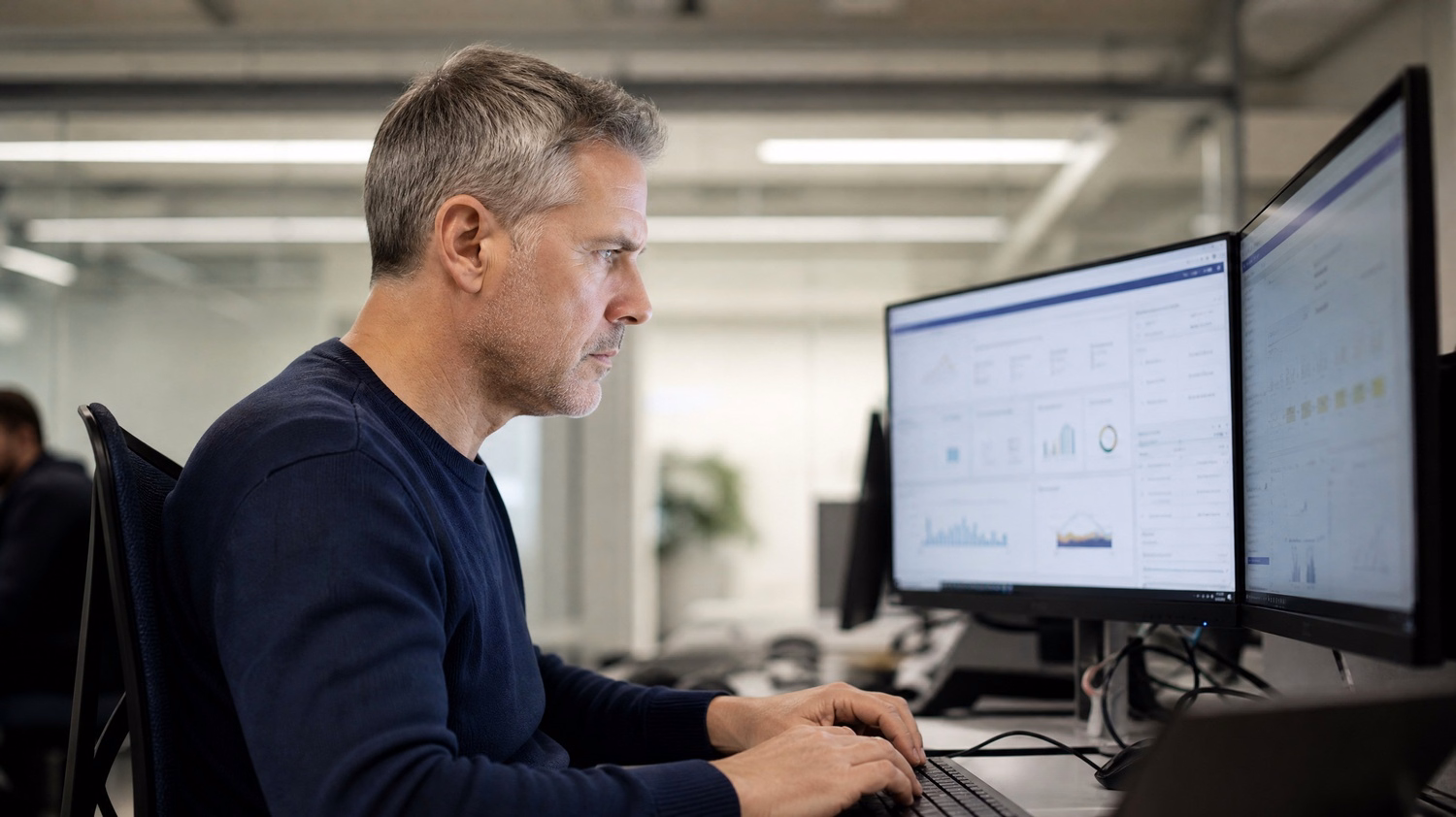 Man typing intently, monitor glow on focused face 60 chars