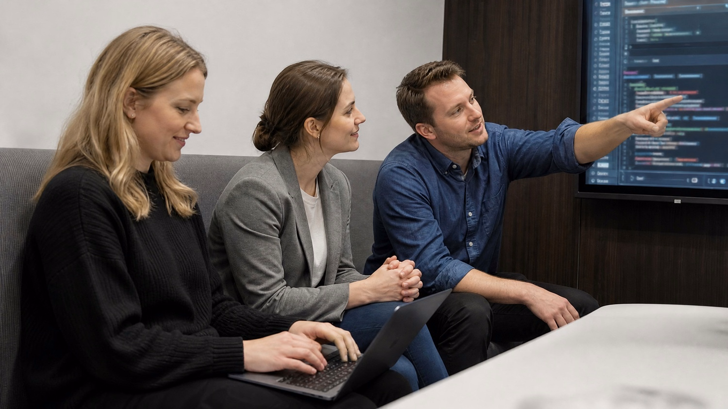 Team reviewing cybersecurity risk assessment on monitor 60