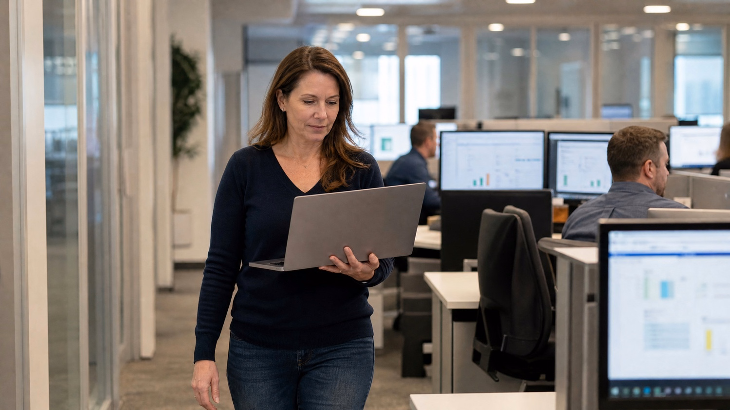 Woman walks office hallway with open laptop, reviewing access