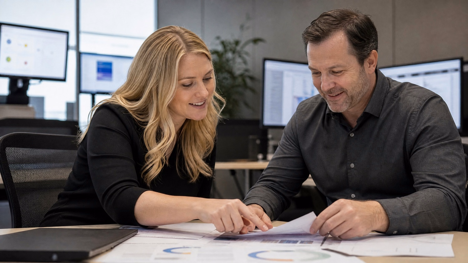 Woman points at audit report during tech meeting