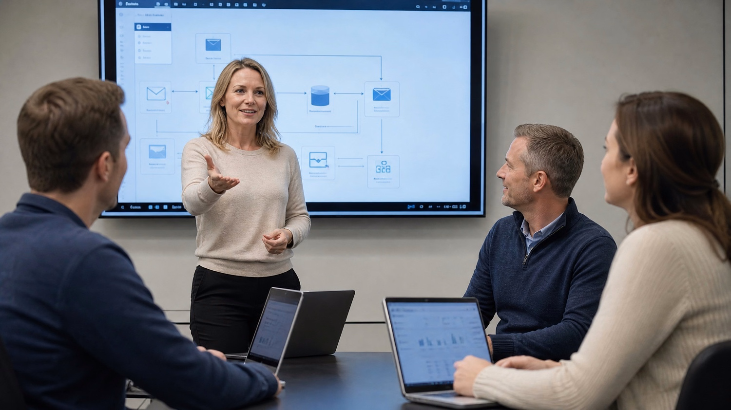 Presenter explains email archiving best practices to colleagues 61 chars