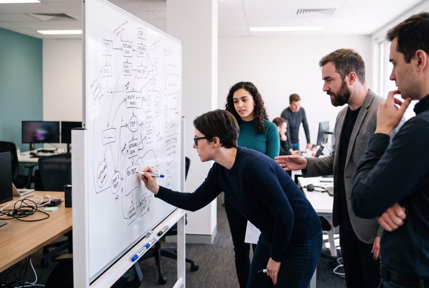 Cybersecurity professionals discussing flowchart in Melbourne office