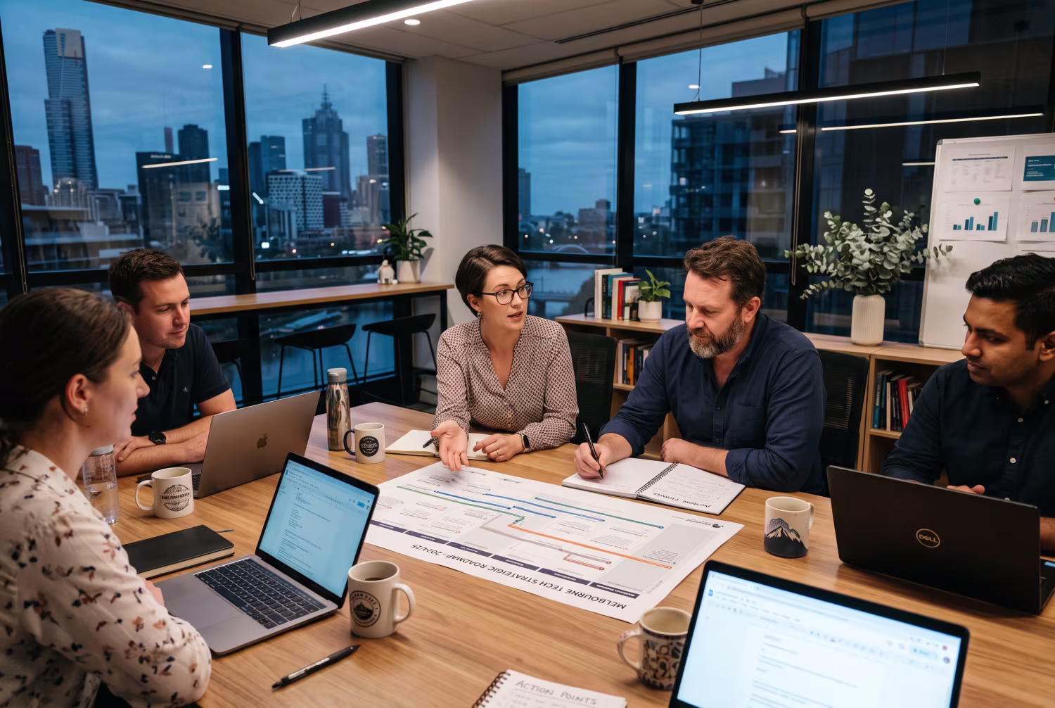 IT professionals discussing a strategic roadmap in Melbourne office