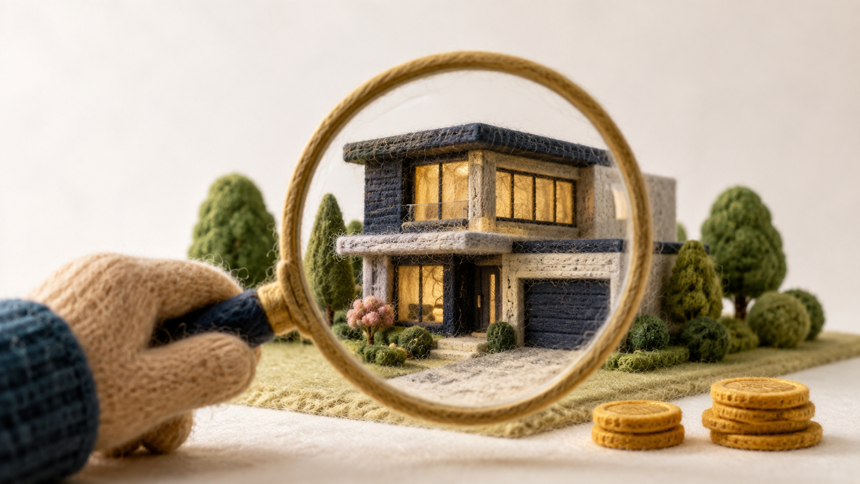A felted wool magnifying glass held over a miniature modern house, with two small piles of gold coins beside it