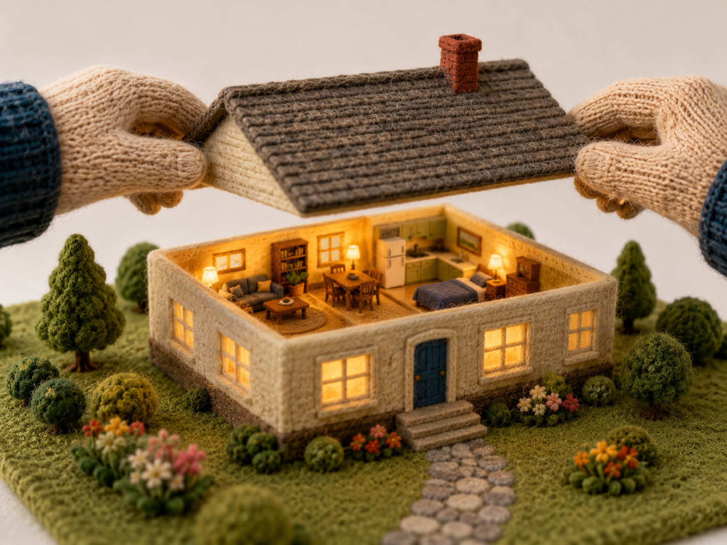 A miniature felted wool house with its roof lifted away, revealing a warm and tidy interior with nothing hidden inside